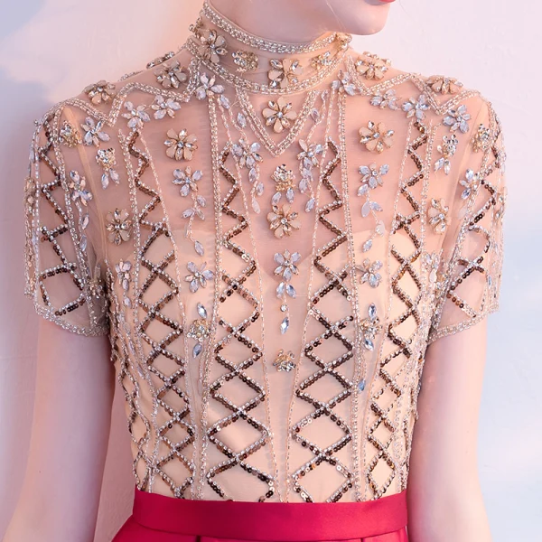Luxury / Gorgeous Red Evening Dresses  2018 A-Line / Princess High Neck Short Sleeve Rhinestone Beading Sequins Floor-Length / Long Ruffle Formal Dresses