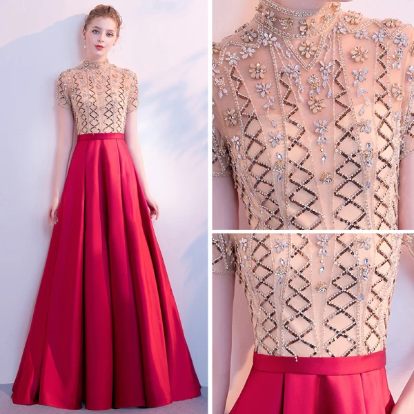 Luxury / Gorgeous Red Evening Dresses  2018 A-Line / Princess High Neck Short Sleeve Rhinestone Beading Sequins Floor-Length / Long Ruffle Formal Dresses