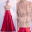 Luxury / Gorgeous Red Evening Dresses  2018 A-Line / Princess High Neck Short Sleeve Rhinestone Beading Sequins Floor-Length / Long Ruffle Formal Dresses