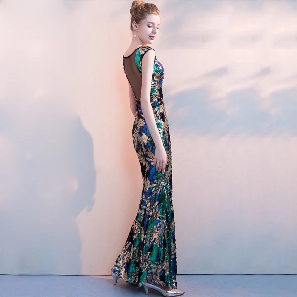 Coloré Multi-Couleurs Paillettes Robe De Soirée 2018 Trompette / Sirène Encolure Dégagée Sans Manches Transparentes Dos Nu Longue Robe De Ceremonie