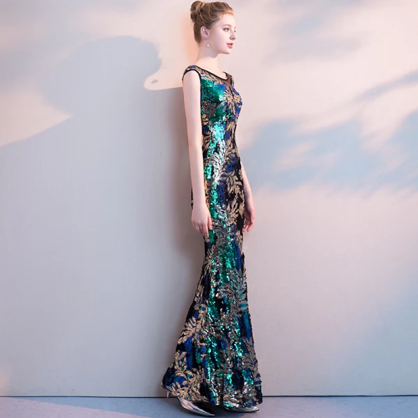 Coloré Multi-Couleurs Paillettes Robe De Soirée 2018 Trompette / Sirène Encolure Dégagée Sans Manches Transparentes Dos Nu Longue Robe De Ceremonie