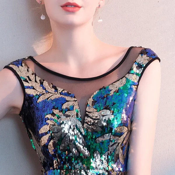Coloré Multi-Couleurs Paillettes Robe De Soirée 2018 Trompette / Sirène Encolure Dégagée Sans Manches Transparentes Dos Nu Longue Robe De Ceremonie