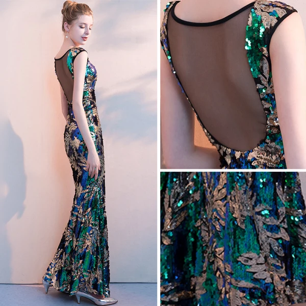 Coloré Multi-Couleurs Paillettes Robe De Soirée 2018 Trompette / Sirène Encolure Dégagée Sans Manches Transparentes Dos Nu Longue Robe De Ceremonie