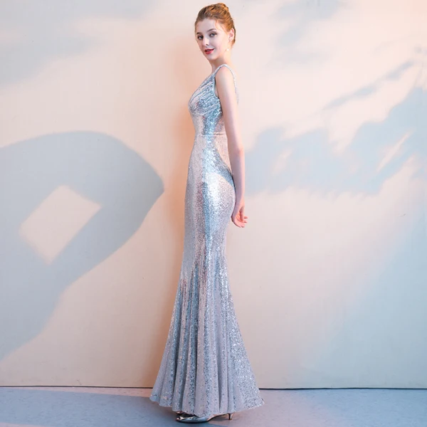 Scintillantes Argenté Paillettes Robe De Soirée 2018 Trompette / Sirène V-Cou Sans Manches Longueur Cheville Volants Dos Nu Robe De Ceremonie