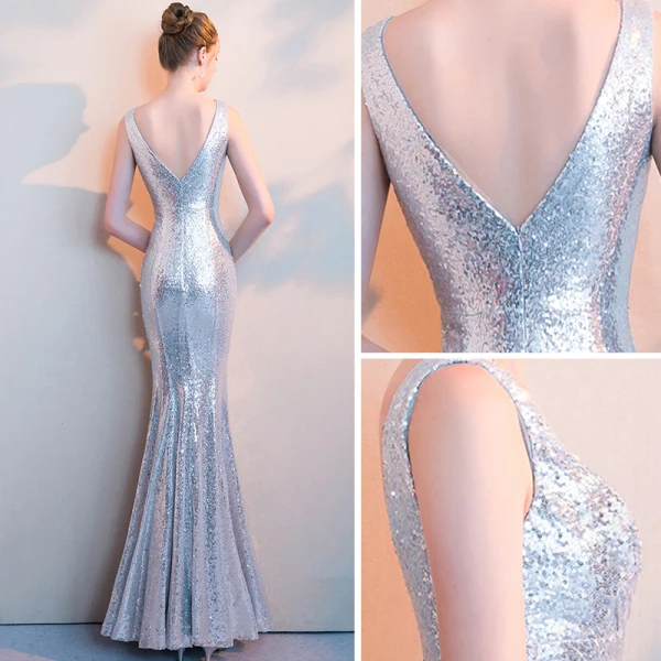 Scintillantes Argenté Paillettes Robe De Soirée 2018 Trompette / Sirène V-Cou Sans Manches Longueur Cheville Volants Dos Nu Robe De Ceremonie