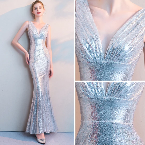 Scintillantes Argenté Paillettes Robe De Soirée 2018 Trompette / Sirène V-Cou Sans Manches Longueur Cheville Volants Dos Nu Robe De Ceremonie