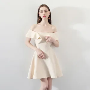 Modest Simple Champagne Homecoming Graduation Dresses 2018 A Line Princess Off The Shoulder Short Sleeve Short Ruffle Backless Formal Dresses
