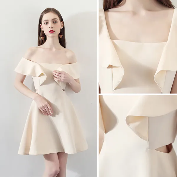Modest Simple Champagne Homecoming Graduation Dresses 2018 A Line Princess Off The Shoulder Short Sleeve Short Ruffle Backless Formal Dresses