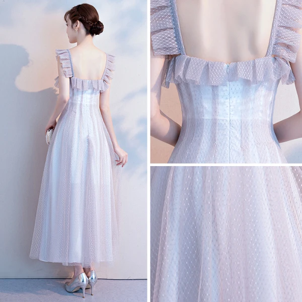 Simple Gris de retour Robe De Graduation 2018 Princesse Encolure Carrée Sans Manches Thé Longueur Volants Dos Nu Robe De Ceremonie