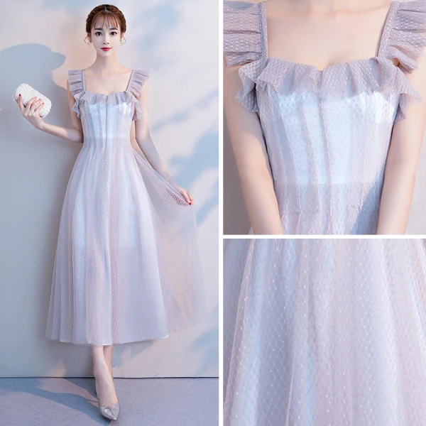 Simple Gris de retour Robe De Graduation 2018 Princesse Encolure Carrée Sans Manches Thé Longueur Volants Dos Nu Robe De Ceremonie