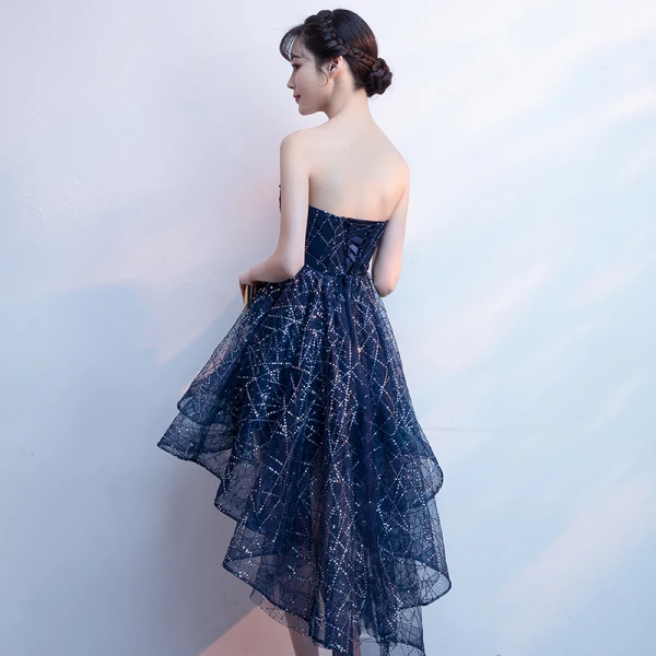 Bling Bling Bleu Marine Robe De Cocktail 2018 Princesse Bustier Sans Manches Glitter Paillettes Asymétrique Volants Dos Nu Robe De Ceremonie
