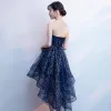 Bling Bling Navy Blue Cocktail Dresses 2018 A-Line / Princess Strapless Sleeveless Glitter Sequins Asymmetrical Ruffle Backless Formal Dresses