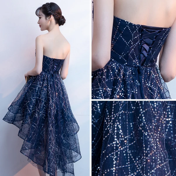 Bling Bling Bleu Marine Robe De Cocktail 2018 Princesse Bustier Sans Manches Glitter Paillettes Asymétrique Volants Dos Nu Robe De Ceremonie