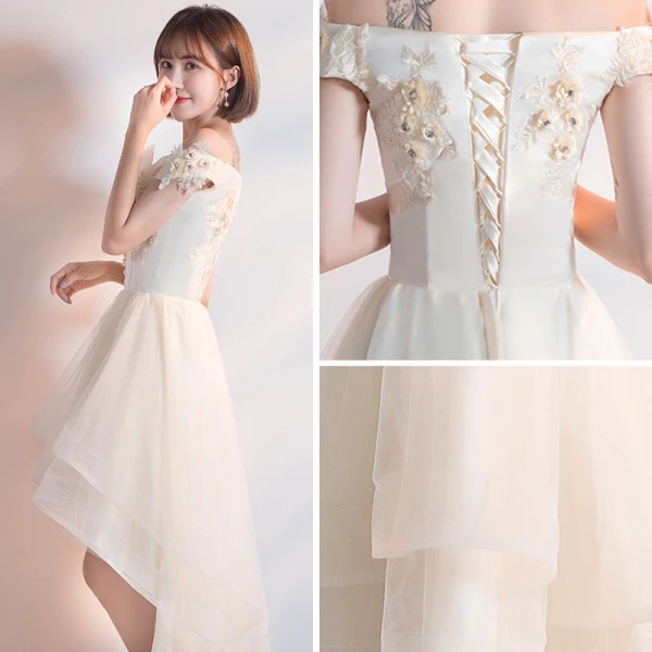 Chic / Belle Champagne Robe De Cocktail 2018 Princesse De l'épaule Manches Courtes Appliques En Dentelle Faux Diamant Asymétrique Volants Dos Nu Robe De Ceremonie