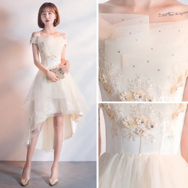 Chic / Belle Champagne Robe De Cocktail 2018 Princesse De l'épaule Manches Courtes Appliques En Dentelle Faux Diamant Asymétrique Volants Dos Nu Robe De Ceremonie