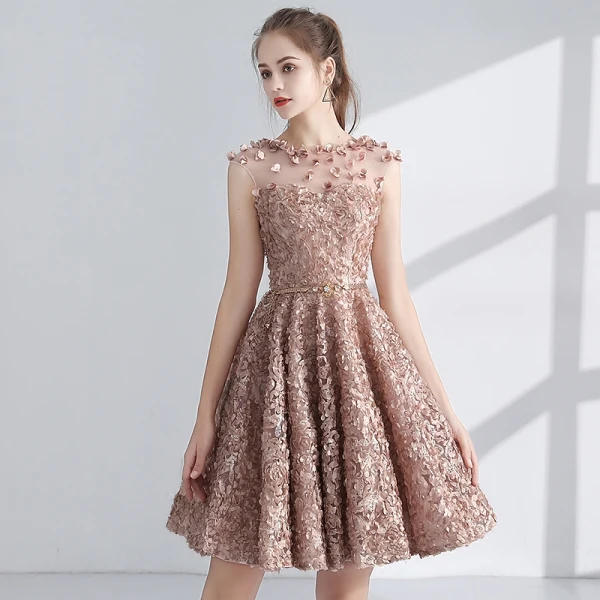 Chic / Beautiful Champagne Homecoming Graduation Dresses 2017 A-Line / Princess Scoop Neck Sleeveless Appliques Flower Metal Sash Short Pierced Formal Dresses