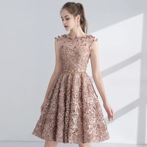 Chic / Beautiful Champagne Homecoming Graduation Dresses 2017 A-Line / Princess Scoop Neck Sleeveless Appliques Flower Metal Sash Short Pierced Formal Dresses