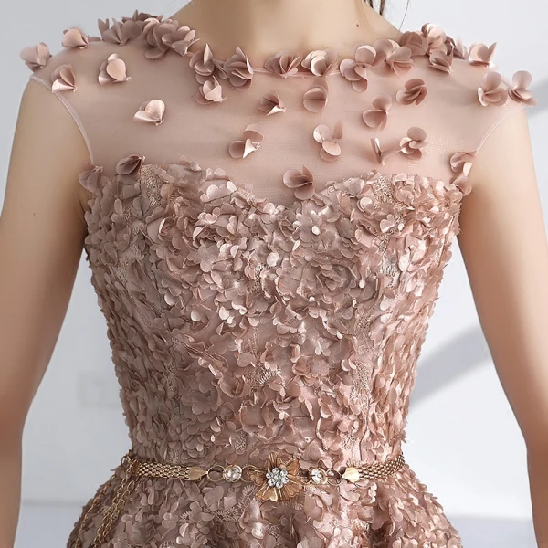 Chic / Beautiful Champagne Homecoming Graduation Dresses 2017 A-Line / Princess Scoop Neck Sleeveless Appliques Flower Metal Sash Short Pierced Formal Dresses
