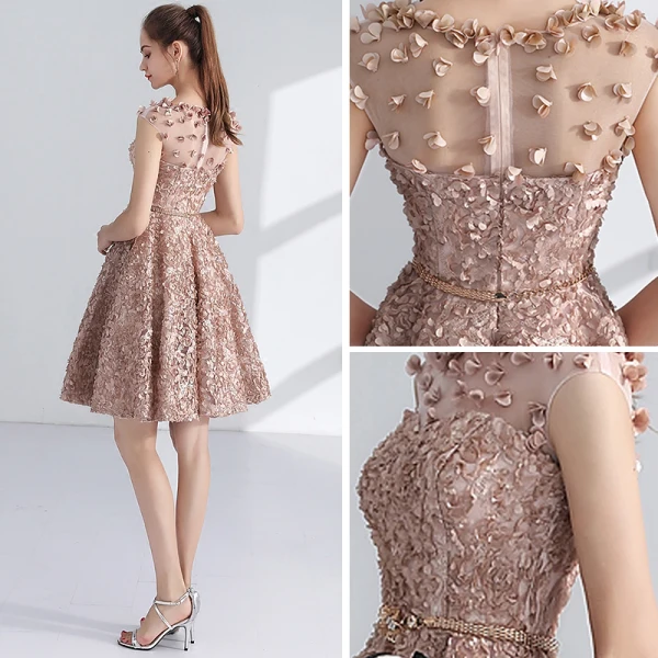 Chic / Beautiful Champagne Homecoming Graduation Dresses 2017 A-Line / Princess Scoop Neck Sleeveless Appliques Flower Metal Sash Short Pierced Formal Dresses