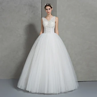 Chic Belle Ivoire Robe De Mariée 2018 Robe Boule V Cou Sans Manches Dos Nu Perle Appliques En Dentelle Perlage Longue Volants