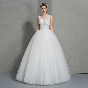 Chic Beautiful Ivory Wedding Dresses 2018 Ball Gown V Neck Sleeveless Backless Pearl Appliques Lace Beading Floor Length Long Ruffle