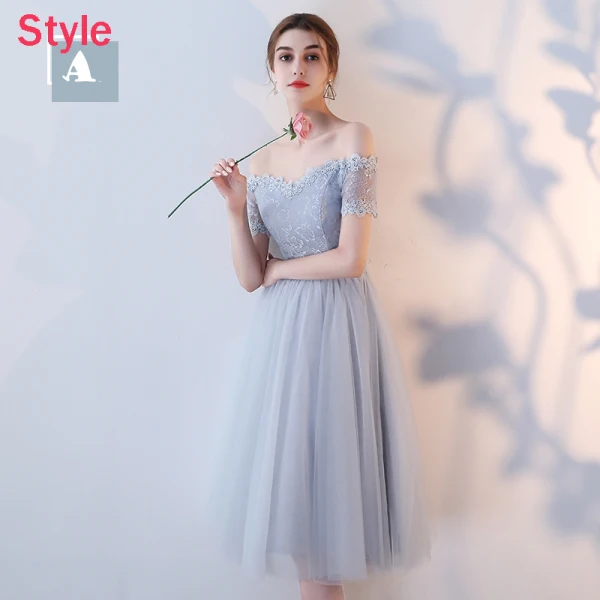 Affordable Grey See-through Bridesmaid Dresses 2018 A-Line / Princess Appliques Lace Sash Tea-length Ruffle Backless Wedding Party Dresses
