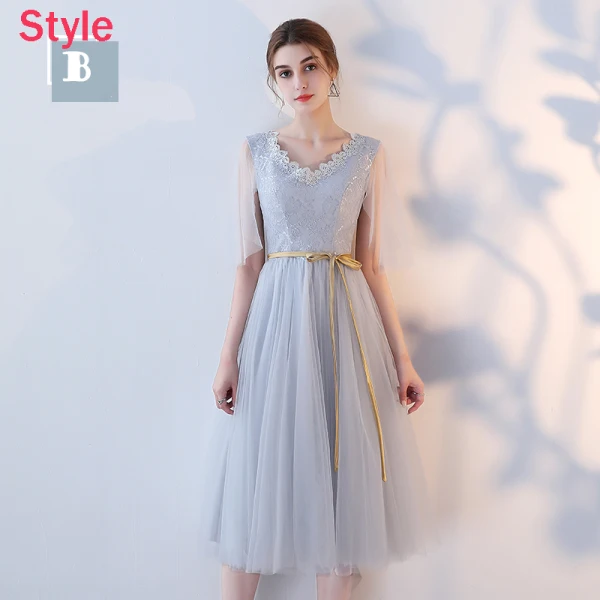 Affordable Grey See-through Bridesmaid Dresses 2018 A-Line / Princess Appliques Lace Sash Tea-length Ruffle Backless Wedding Party Dresses