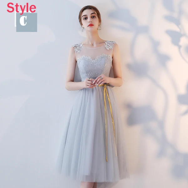 Affordable Grey See-through Bridesmaid Dresses 2018 A-Line / Princess Appliques Lace Sash Tea-length Ruffle Backless Wedding Party Dresses