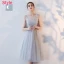 Affordable Grey See-through Bridesmaid Dresses 2018 A-Line / Princess Appliques Lace Sash Tea-length Ruffle Backless Wedding Party Dresses