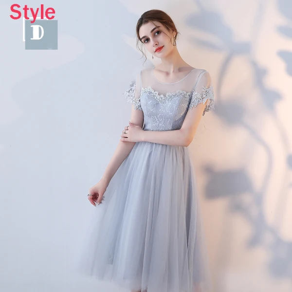 Affordable Grey See-through Bridesmaid Dresses 2018 A-Line / Princess Appliques Lace Sash Tea-length Ruffle Backless Wedding Party Dresses
