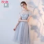 Affordable Grey See-through Bridesmaid Dresses 2018 A-Line / Princess Appliques Lace Sash Tea-length Ruffle Backless Wedding Party Dresses