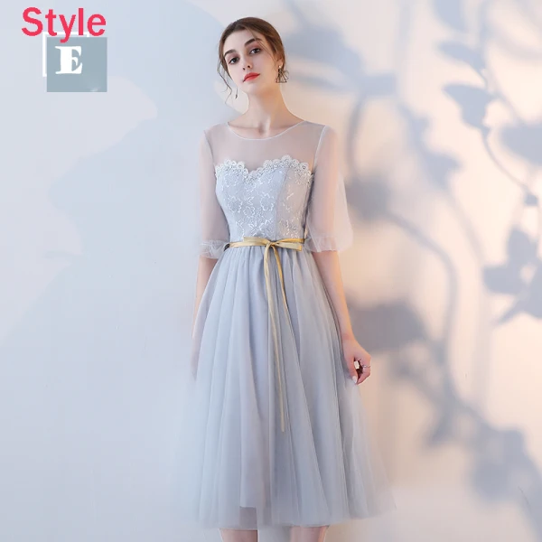 Affordable Grey See-through Bridesmaid Dresses 2018 A-Line / Princess Appliques Lace Sash Tea-length Ruffle Backless Wedding Party Dresses