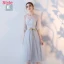 Affordable Grey See-through Bridesmaid Dresses 2018 A-Line / Princess Appliques Lace Sash Tea-length Ruffle Backless Wedding Party Dresses