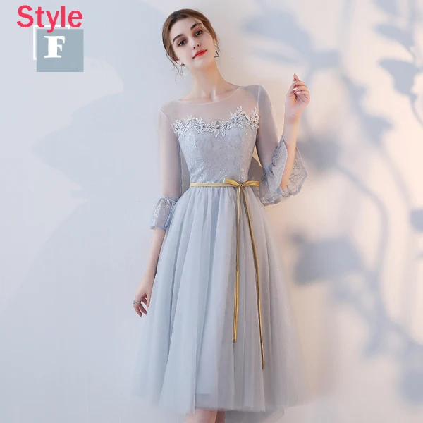 Affordable Grey See-through Bridesmaid Dresses 2018 A-Line / Princess Appliques Lace Sash Tea-length Ruffle Backless Wedding Party Dresses