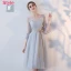 Affordable Grey See-through Bridesmaid Dresses 2018 A-Line / Princess Appliques Lace Sash Tea-length Ruffle Backless Wedding Party Dresses