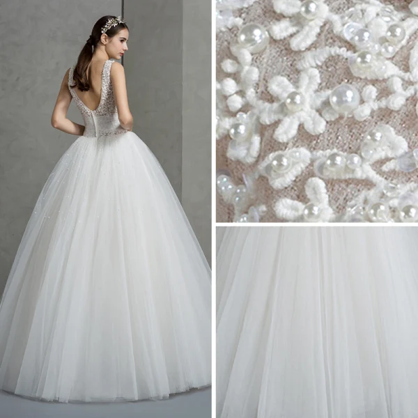 Schöne Ivory / Creme Brautkleider 2018 Ballkleid V-Ausschnitt Ärmellos Rückenfreies Perle Applikationen Mit Spitze Perlenstickerei Lange Rüschen