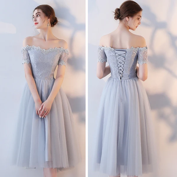 Affordable Grey See-through Bridesmaid Dresses 2018 A-Line / Princess Appliques Lace Sash Tea-length Ruffle Backless Wedding Party Dresses