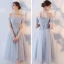Affordable Grey See-through Bridesmaid Dresses 2018 A-Line / Princess Appliques Lace Sash Tea-length Ruffle Backless Wedding Party Dresses