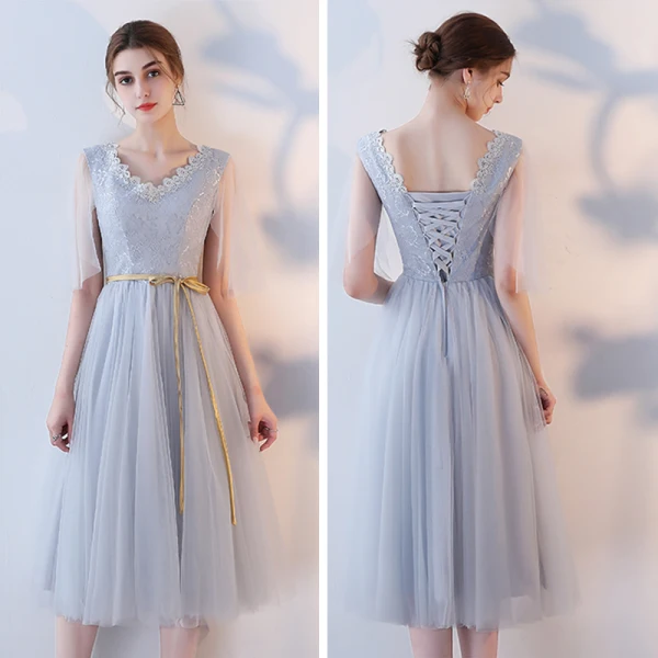 Affordable Grey See-through Bridesmaid Dresses 2018 A-Line / Princess Appliques Lace Sash Tea-length Ruffle Backless Wedding Party Dresses
