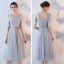 Affordable Grey See-through Bridesmaid Dresses 2018 A-Line / Princess Appliques Lace Sash Tea-length Ruffle Backless Wedding Party Dresses