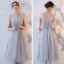 Affordable Grey See-through Bridesmaid Dresses 2018 A-Line / Princess Appliques Lace Sash Tea-length Ruffle Backless Wedding Party Dresses