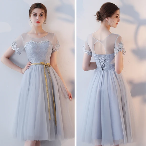 Affordable Grey See-through Bridesmaid Dresses 2018 A-Line / Princess Appliques Lace Sash Tea-length Ruffle Backless Wedding Party Dresses