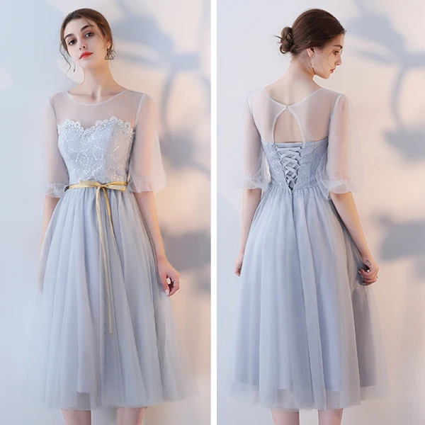 Affordable Grey See-through Bridesmaid Dresses 2018 A-Line / Princess Appliques Lace Sash Tea-length Ruffle Backless Wedding Party Dresses