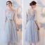 Affordable Grey See-through Bridesmaid Dresses 2018 A-Line / Princess Appliques Lace Sash Tea-length Ruffle Backless Wedding Party Dresses