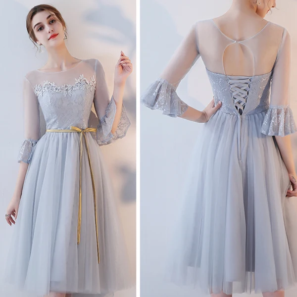 Affordable Grey See-through Bridesmaid Dresses 2018 A-Line / Princess Appliques Lace Sash Tea-length Ruffle Backless Wedding Party Dresses