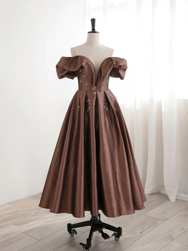Vintage / Retro Coffee Pearl Prom Dresses 2024 A-Line / Princess Off-The-Shoulder Short Sleeve Backless Tea-length Formal Dresses