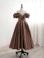 Vintage / Retro Coffee Pearl Prom Dresses 2024 A-Line / Princess Off-The-Shoulder Short Sleeve Backless Tea-length Formal Dresses