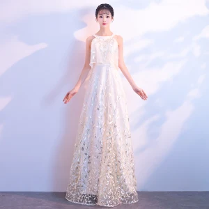 Chic Belle Champagne Robe De Soirée 2018 Princesse Bustier 1 2 Manches Glitter Paillettes Longue Volants Robe De Ceremonie