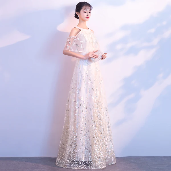 Chic / Belle Champagne Robe De Soirée 2018 Princesse Bustier 1/2 Manches Glitter Paillettes Longue Volants Robe De Ceremonie