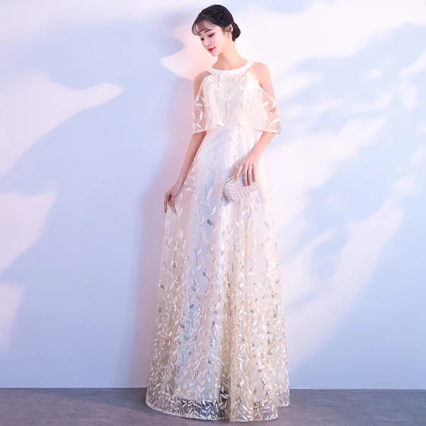 Chic / Belle Champagne Robe De Soirée 2018 Princesse Bustier 1/2 Manches Glitter Paillettes Longue Volants Robe De Ceremonie